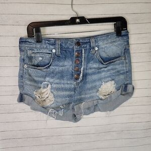 WE THE FREE DISTRESSED BUTTON FRONT DENIM CUTOFF SHORTS, SZ 26